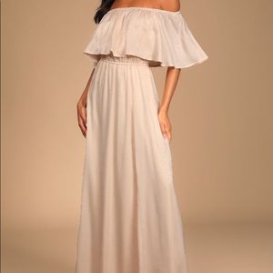 Lulu’s Romantic Thinking Light Peach Satin Off-the-Shoulder Maxi Dress
